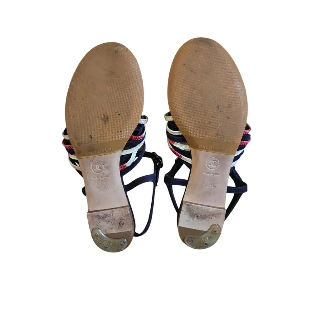 Chanel CC Pearl Logo Quiet Luxury Minimalist Navy Blue Gladiator Sandals 37.5